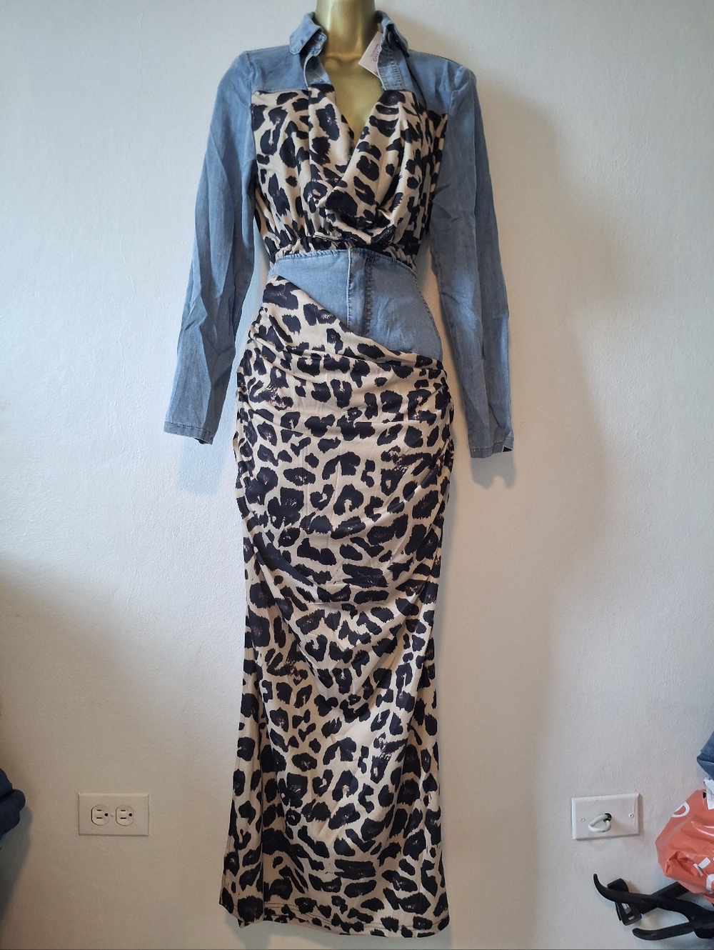Leopard Print Maxi Skirt with Denim Waist